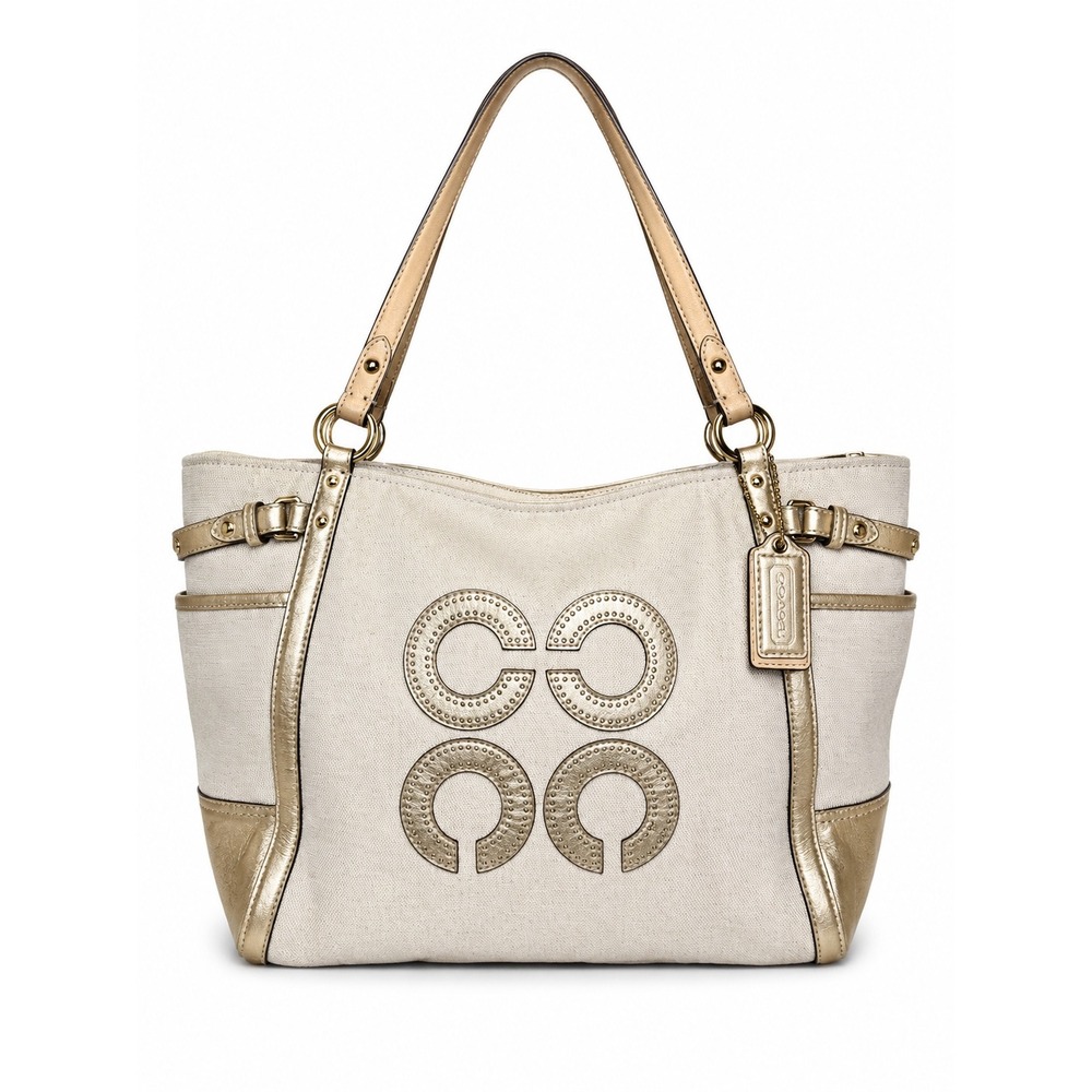 Coach Canvas Metallic Gold Leather Trim Logo Tote Bag 16766